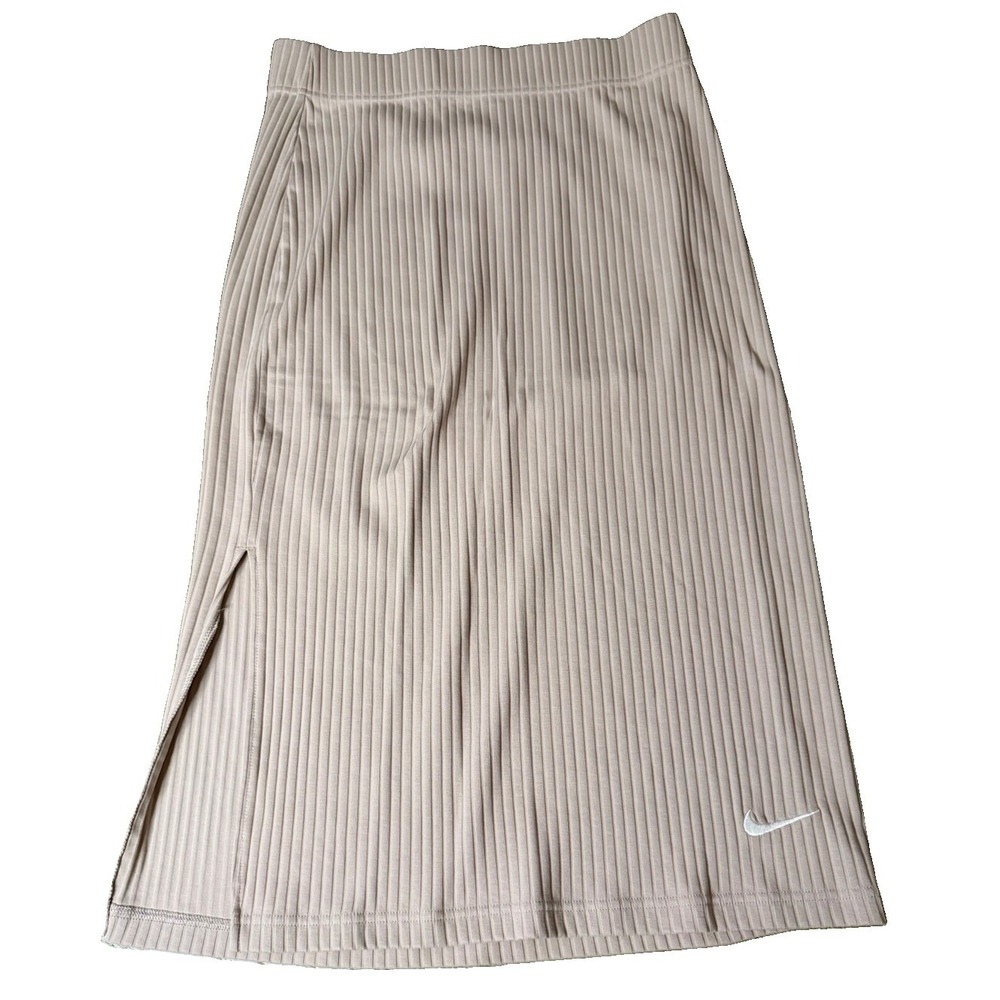 Nike Women's M Ribbed Midi Skirt Taupe Beige Side Slit Embroidered Swoosh